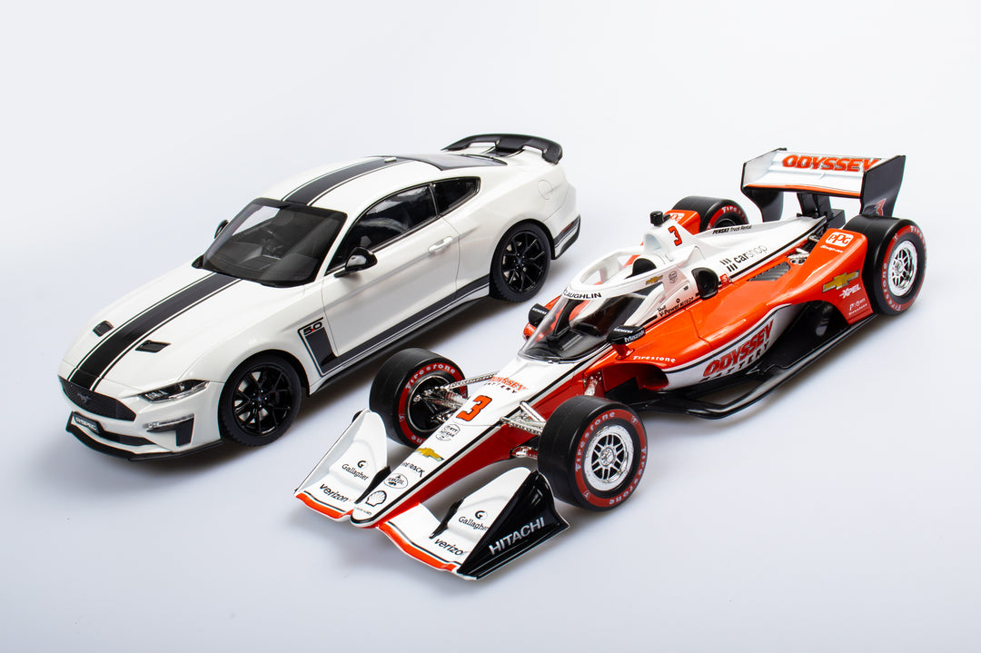Now In Stock: 1:18 Scale McLaughlin Signature Edition IndyCar Winner + Oxford White Mustang R-SPEC