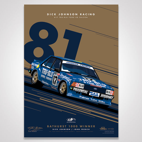 Dick Johnson Racing Tru-Blu Ford Falcon XD 1981 Bathurst 1000 Winner - Metallic Gold Limited Edition Signed Print