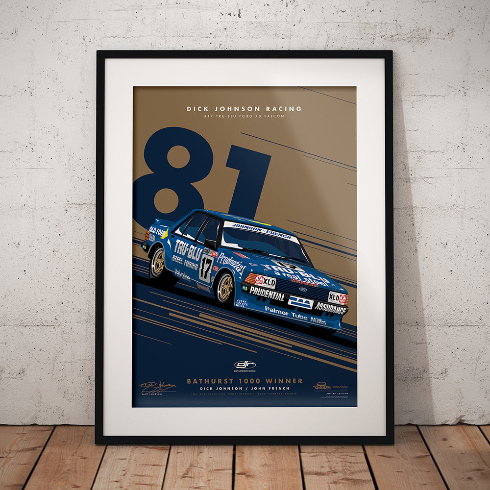 Dick Johnson Racing Tru-Blu Ford Falcon XD 1981 Bathurst 1000 Winner - Metallic Gold Limited Edition Signed Print